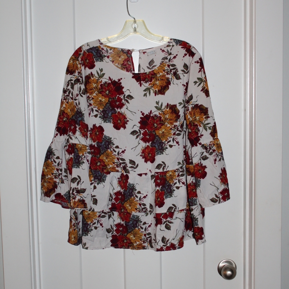 White, Red, Yellow Floral Ruffle Shirt